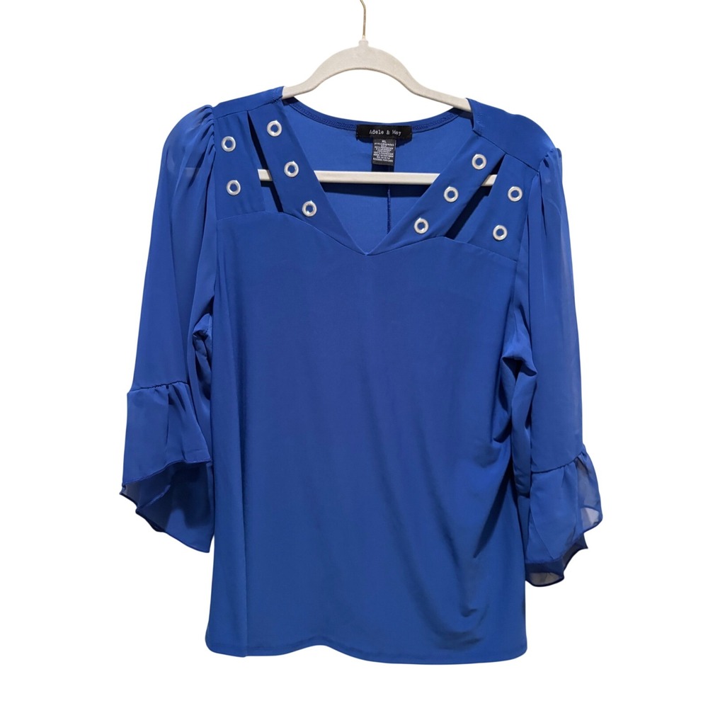 Adele‎ & May Royal Blue Cutout Grommet V-Neck Ruffle Sleeve Blouse XL N24583